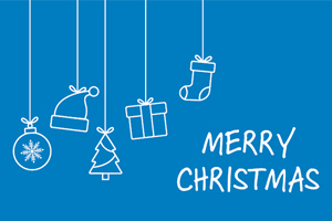 White Christmas icons and Merry Christmas text on blue background